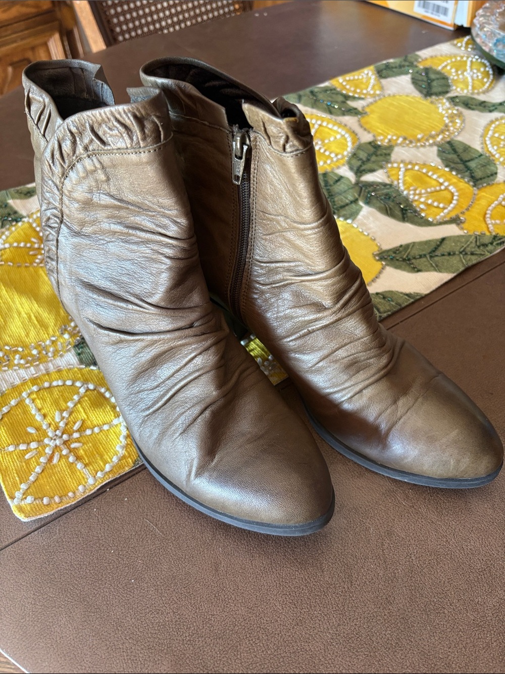 Bueno Metallic Taupe Brown Leather Ankle Booties with Side Zip